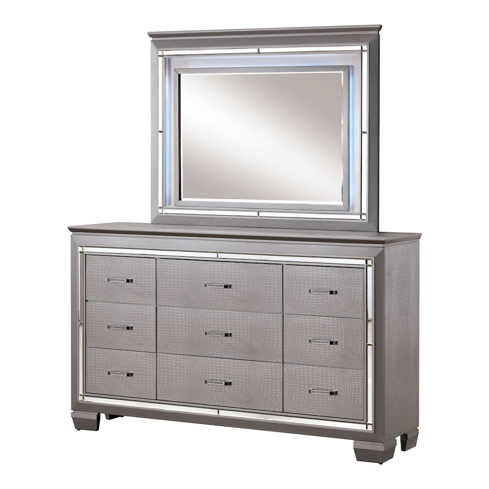 Rachel 2-Piece 9-Drawer Dresser and Mirror Set in Silver