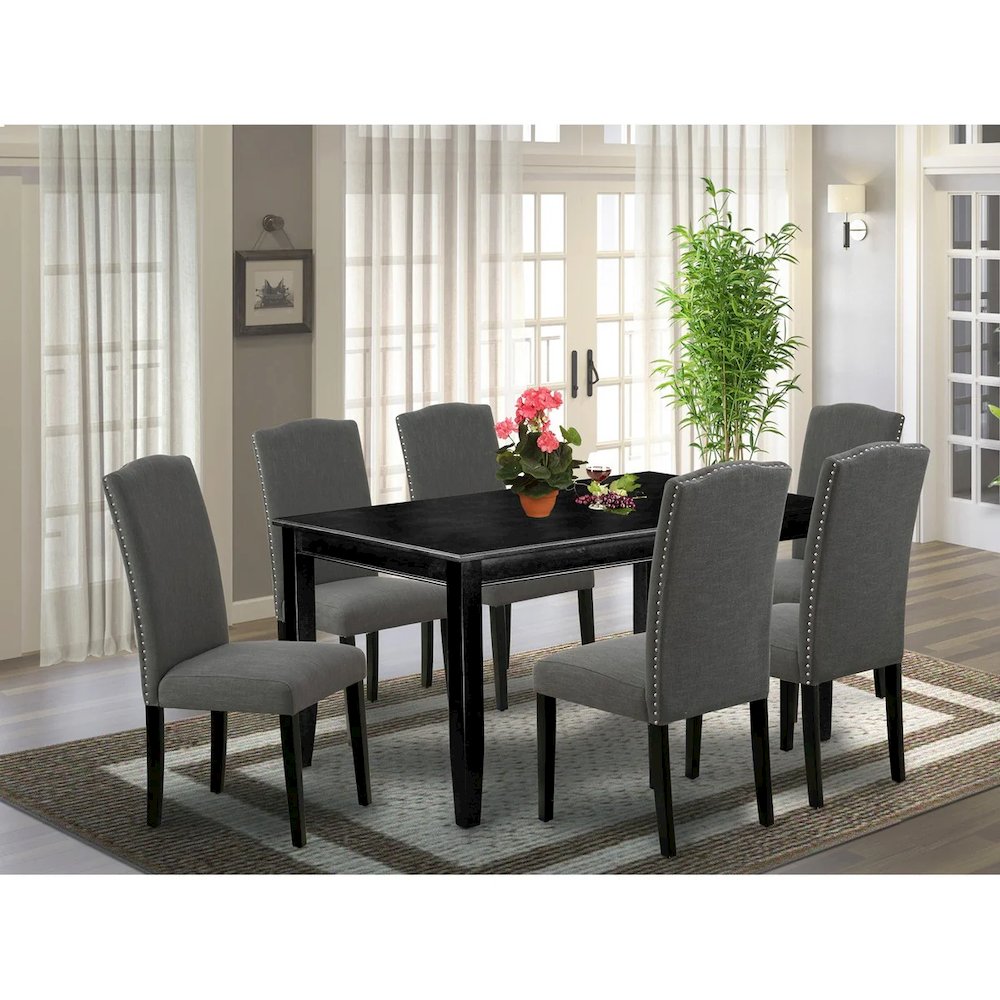 7 Piece Modern Dining Table Set Consist of a Rectangle Wooden Table and 6 Dark Gotham Linen Fabric Upholstered Chairs, Black
