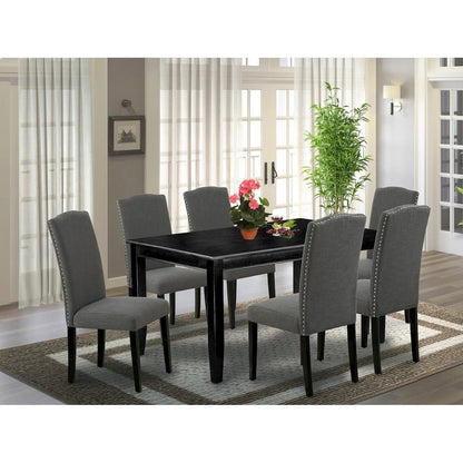 7 Piece Modern Dining Table Set Consist of a Rectangle Wooden Table and 6 Dark Gotham Linen Fabric Upholstered Chairs, Black