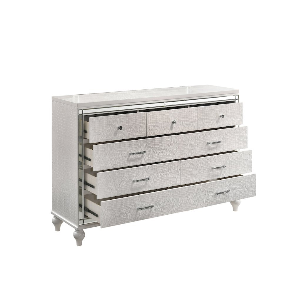 Furniture Valentine Solid Wood Dresser with 9 Drawers in White