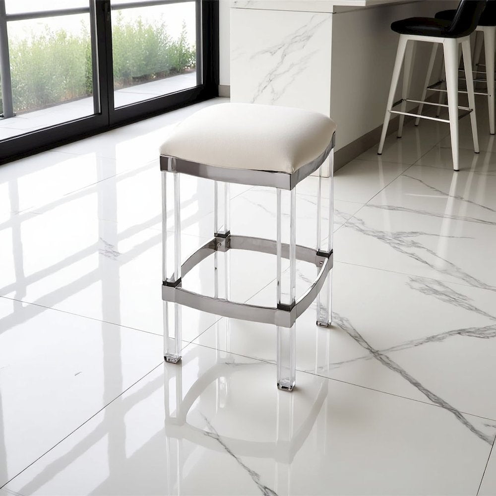 White Acrylic Stool with Leather Seat for Counter Use - Clear Bar Stools