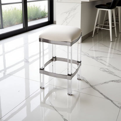 White Acrylic Stool with Leather Seat for Counter Use - Clear Bar Stools