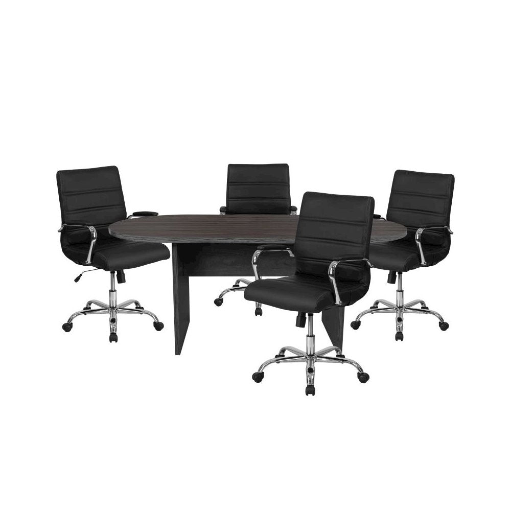 5 Piece Rustic Gray Oval Conference Table Set with 4 Black and Chrome LeatherSoft Executive Chairs