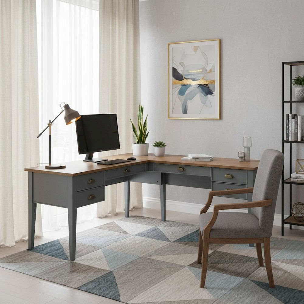 Wood Half-Pedestal Writing Desk and Return, 5 Drawers, Sit/Stand Return, Blue