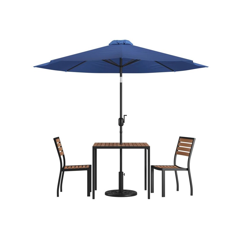 5 Piece All-Weather Deck or Patio Set with 2 Stacking Faux Teak Chairs, 35" Square Faux Teak Table, Navy Umbrella & Base