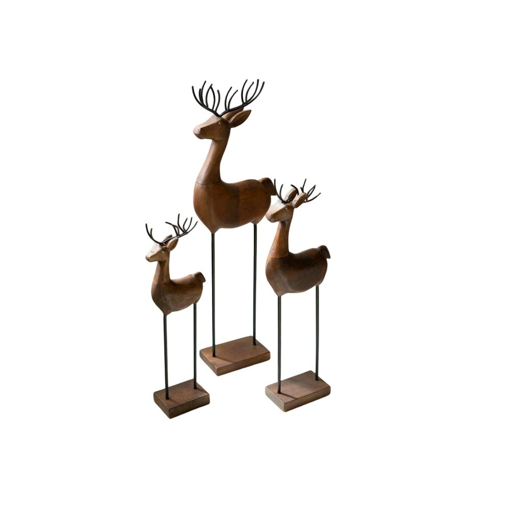 Set Of Three Carved Wood And Iron Reindeer On Bases