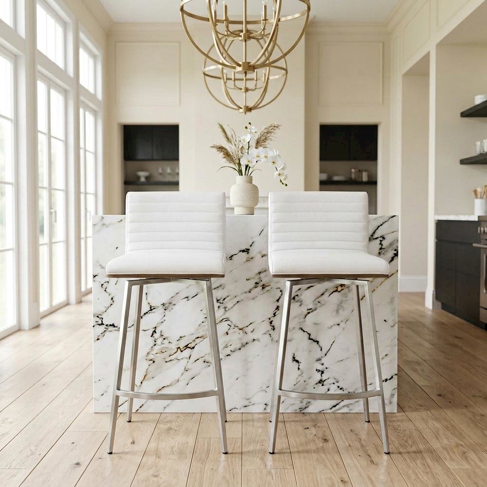 Stainless Steel and Walnut Counter Stool with White Faux Leather Cover, Set of 2
