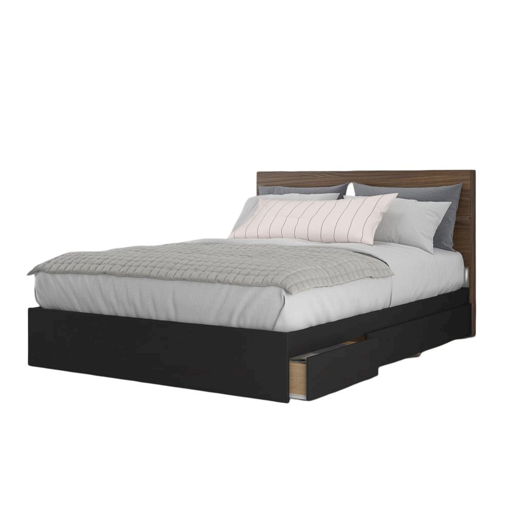 2-Piece Bedset With Bed Frame And Headboard, Queen|Walnut & Black