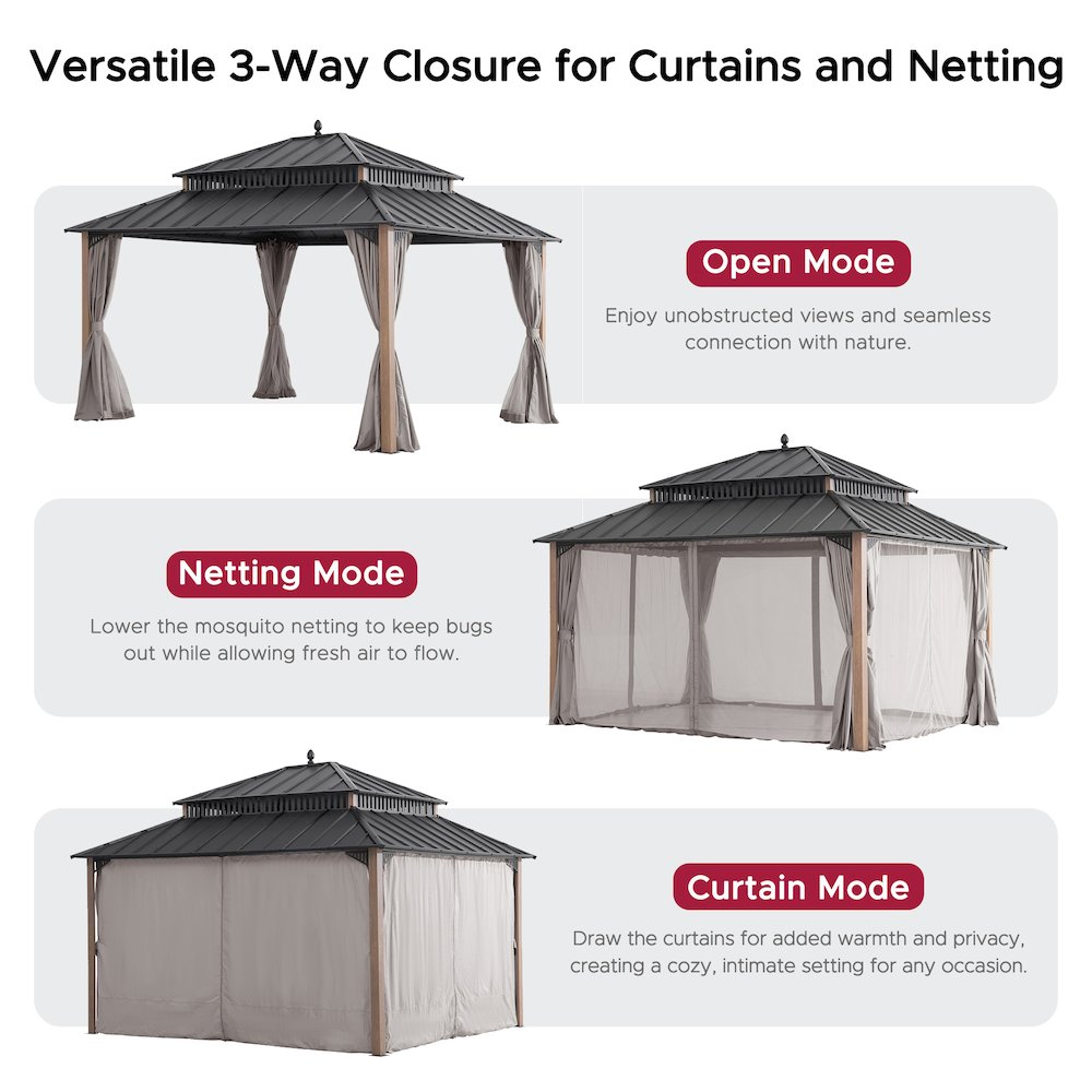 14 ft x 12 ft Aluminum Frame Steel Double Roof Hardtop Rectangular Gazebo