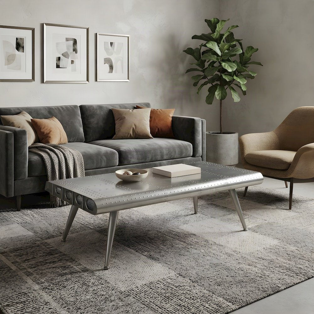 Silver Aviation Coffee Table, Airplane Desk with Iron and Wood Solids