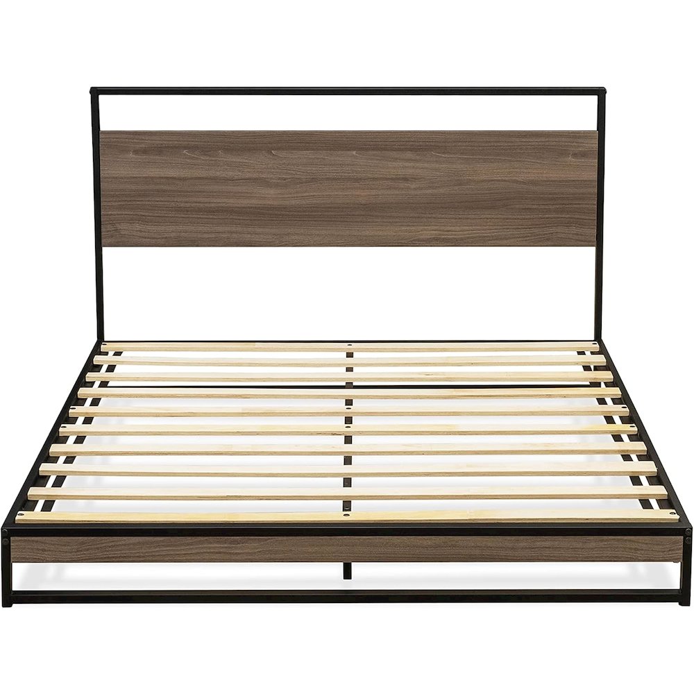 Wilson Queen Frame with 3 Supporting Legs - High-class Bed Frame in Powder Coating Black Color and Weathered Wood Laminate