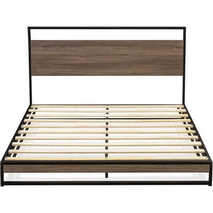 Wilson Queen Frame with 3 Supporting Legs - High-class Bed Frame in Powder Coating Black Color and Weathered Wood Laminate