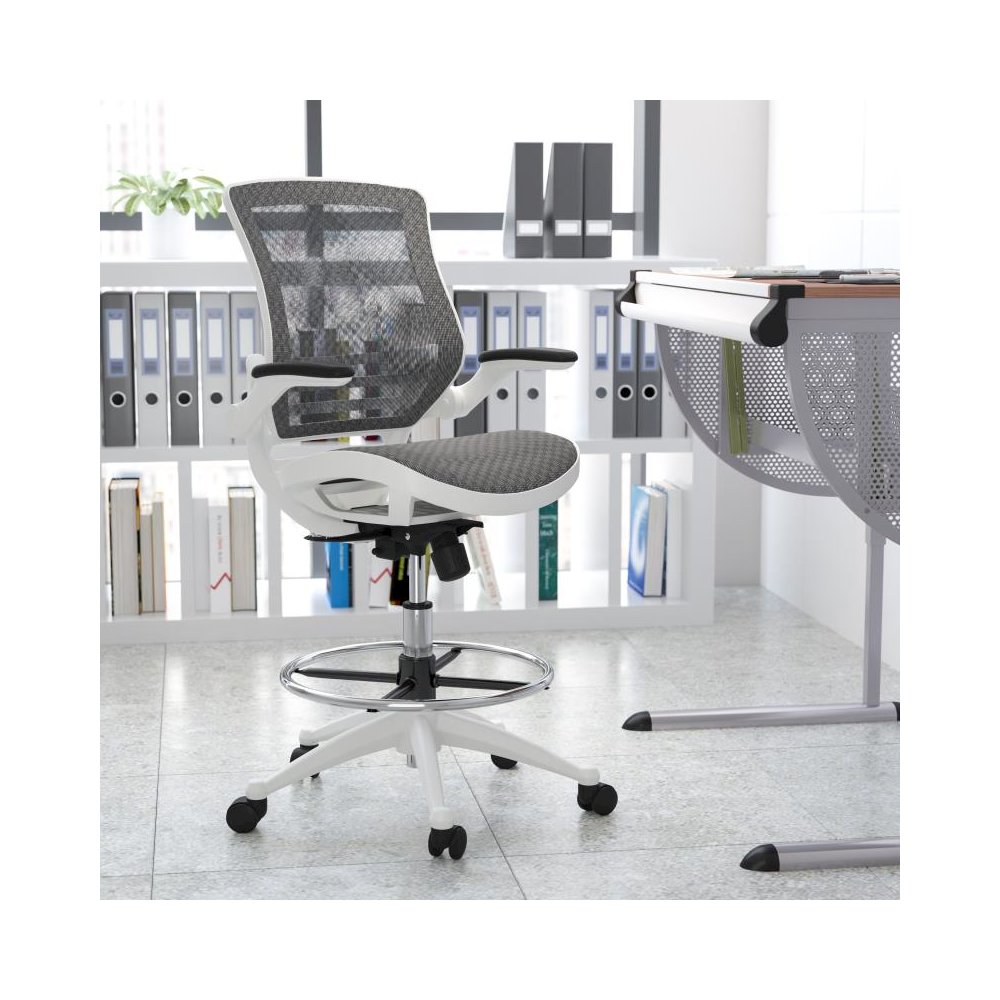 Mid-Back Transparent Gray Mesh Drafting Chair with White Frame and Flip-Up Arms