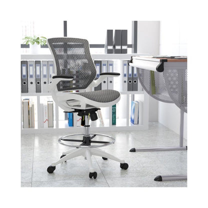 Mid-Back Transparent Gray Mesh Drafting Chair with White Frame and Flip-Up Arms