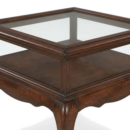 Dark Brown Shadow Box Coffee Table with Glass Top and Display Storage