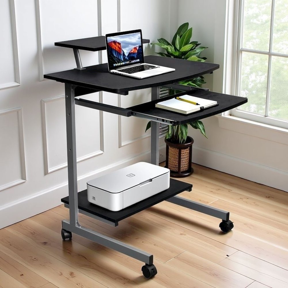 Gray Portable Computer Cart With Keyboard Shelf, Media Rack And Wheels