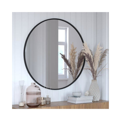 24" Round Black Metal Framed Wall Mirror - Large Accent Mirror for Bathroom, Vanity, Entryway, Dining Room, & Living Room