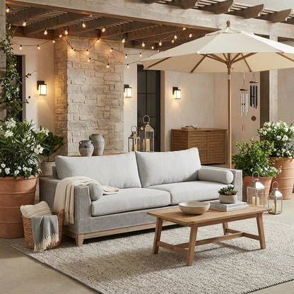 White Outdoor Sofa 90 Inches, Teak Base, Rope Weave, Removable Cushions