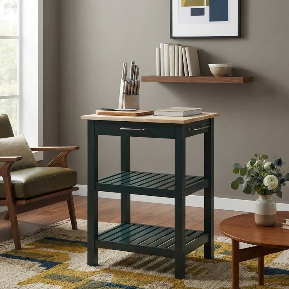 FurniFact Kitchen Island with Solid Maple Wood Top, Natural / Hunter Green