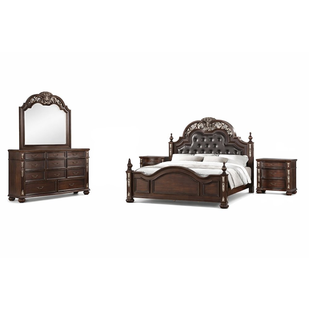 Maximus 5-PC King Wood Bedroom Set  2 Nightstands in Madeira Brown