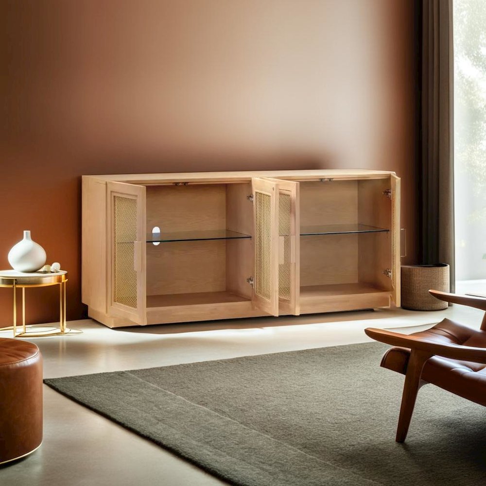 Elegant Blue Media Console Featuring Ash Veneer and Glass Shelving