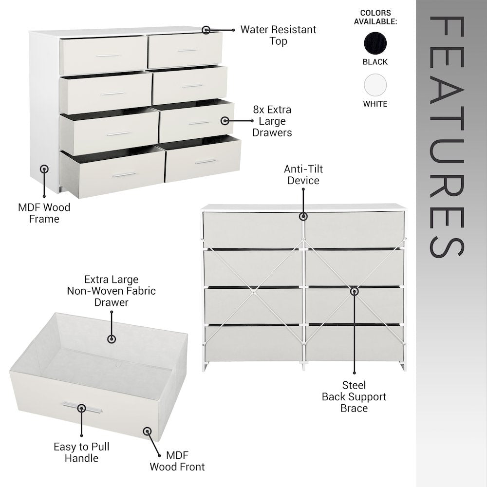 8-Drawer Dresser with Large Fabric Drawers, White