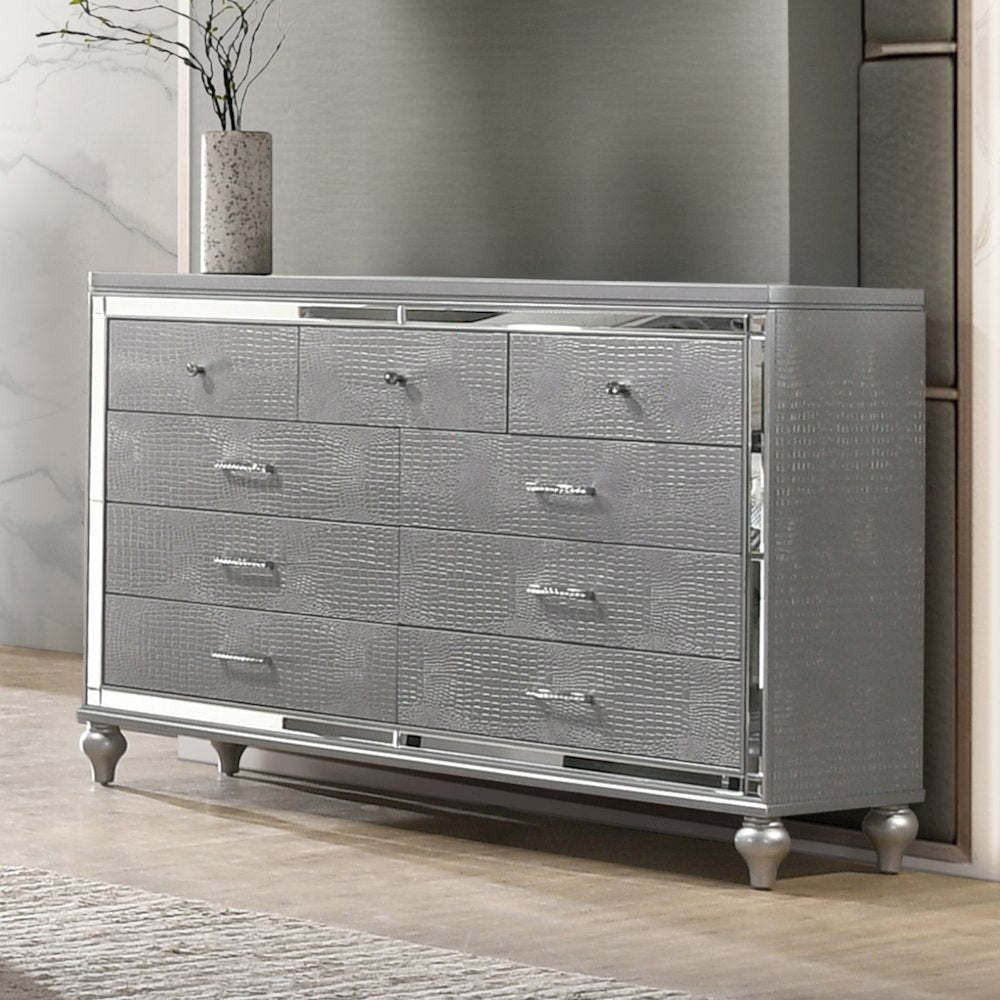Furniture Valentine Solid Wood Dresser with 9 Drawers in Silver