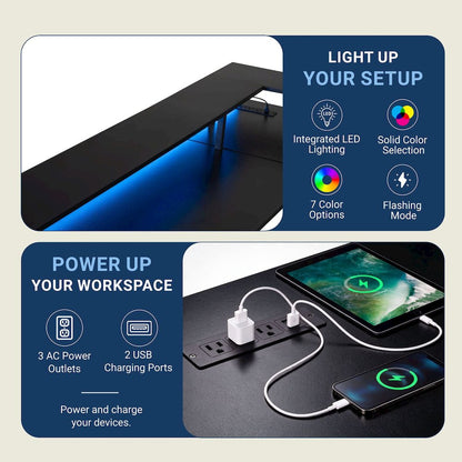 Convertible Straight/L-Shaped Desk, LED Lights & Fabric Drawers, 3 Power Outlets