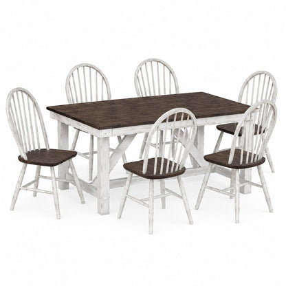 Farmhouse Optional 7 Piece Trestle Table Set in Two Tone White w/ Wood Tone Top