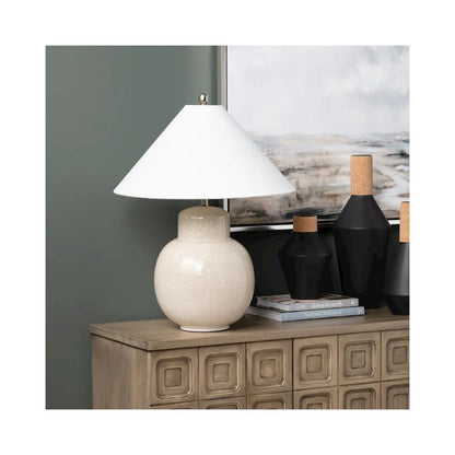 28" Transitional Tan Ceramic Table Lamp with Silver Accents & White Linen Shade