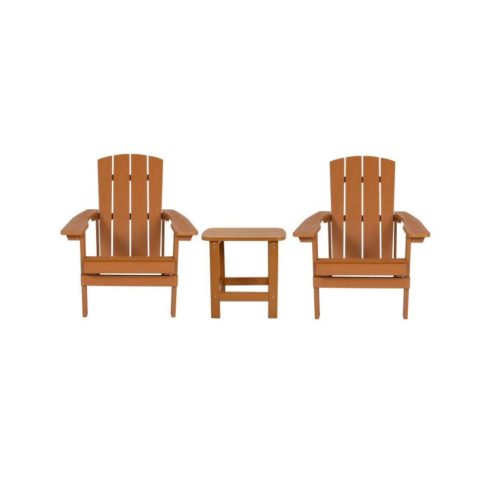 2 Pack All-Weather Poly Resin Wood Adirondack Chairs with Side Table in Teak