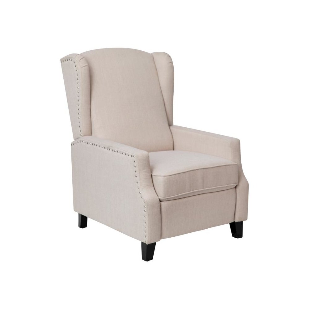 Traditional Style Slim Push Back Recliner Chair-Wingback Recliner with Cream Fabric Upholstery-Accent Nail Trim