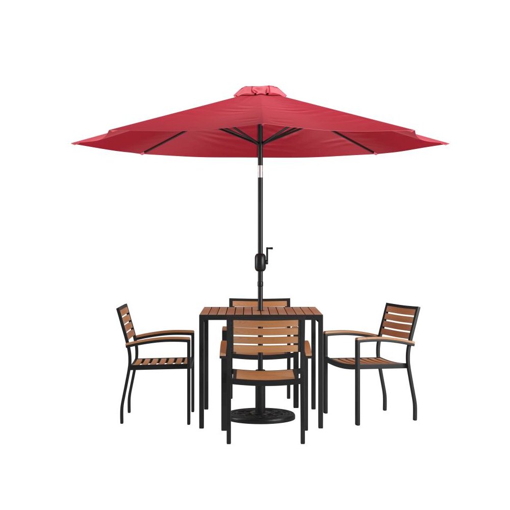 7 Piece Outdoor Patio Table Set with 4 Synthetic Teak Stackable Chairs, 35" Square Table, Red Umbrella & Base