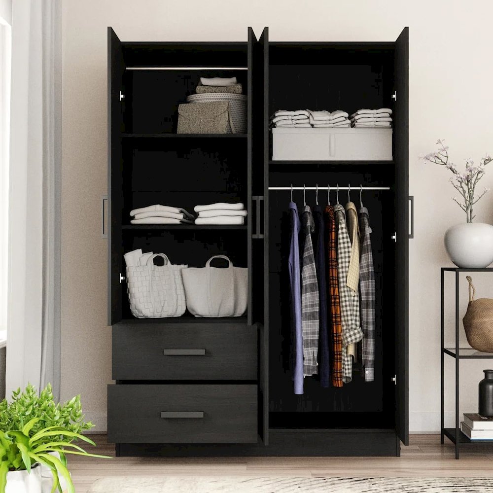 4 Doors Wardrobe 2 Drawers with Shelves 48 inch Wide and 72 high (Black)