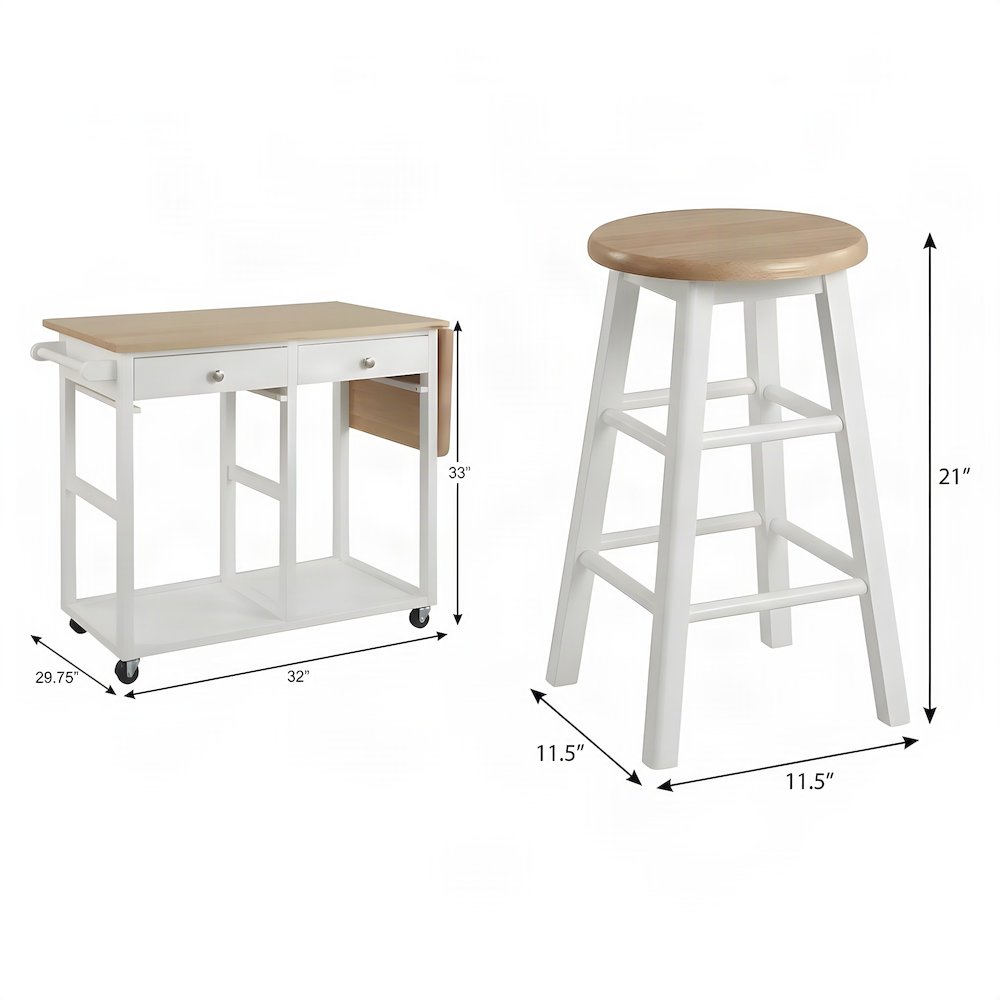 FurniFact Breakfast Cart with Drop-Leaf Table, Drawers, and Lockable Wheels