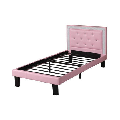 Twin Upholstered Bed Frame with Slats in Pink Faux Leather