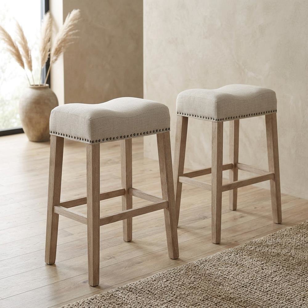 Upholstered Backless Saddle Seat Bar Stools, Tan, Set of 2, 29" Height