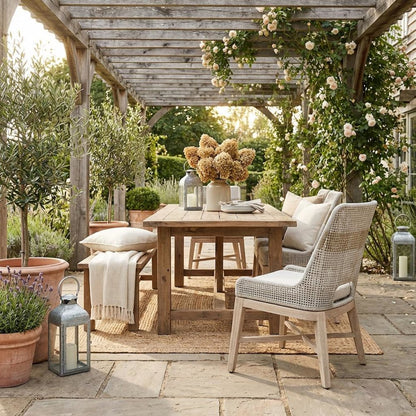 White Outdoor Dining Chair 2-Piece Set, Teak Base, Rope Pattern, X Base