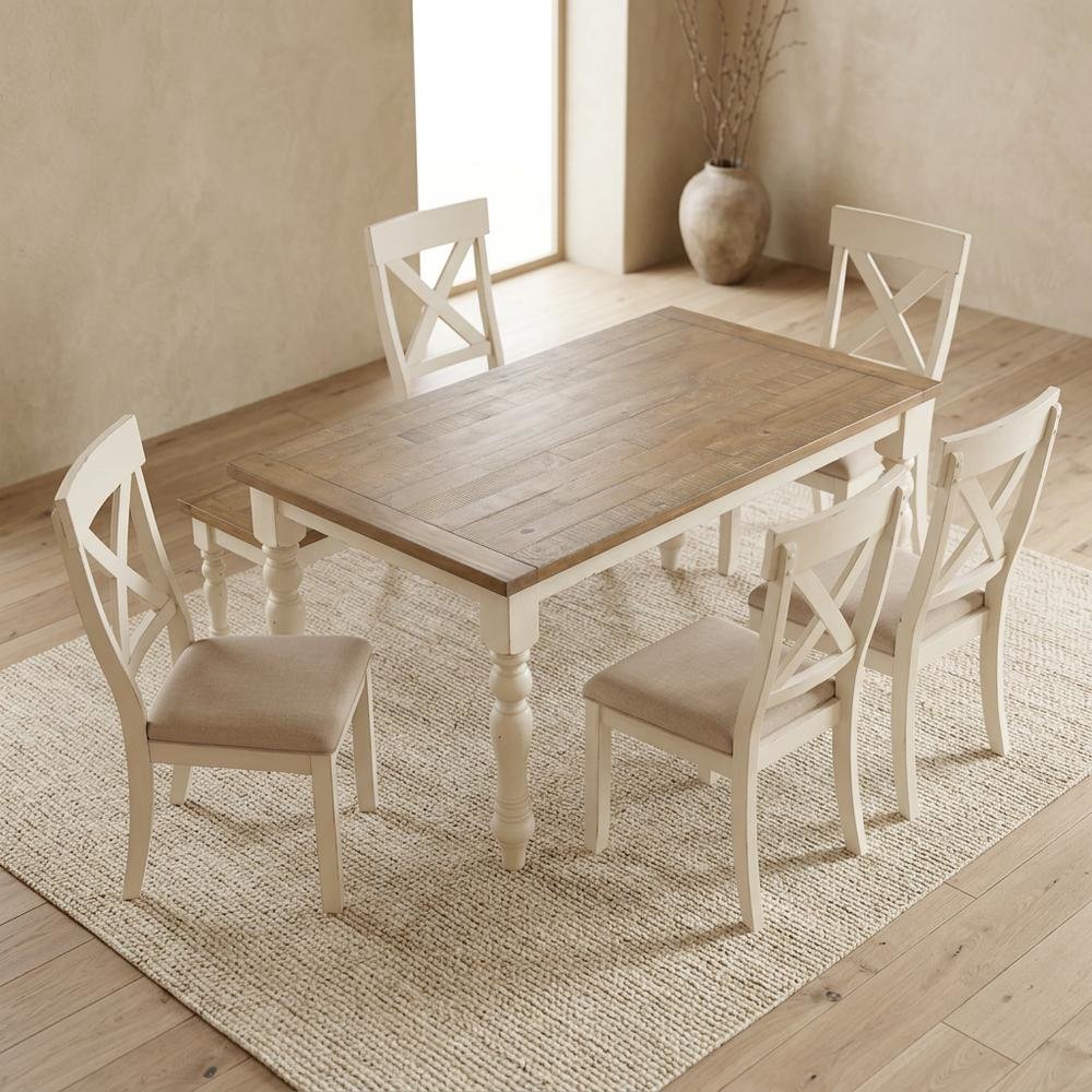 Antique White and Distressed Oak 6-Piece Dining Set with Chairs and Bench