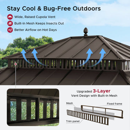 14 ft x 12 ft Aluminum Frame Steel Double Roof Hardtop Rectangular Gazebo, Brown