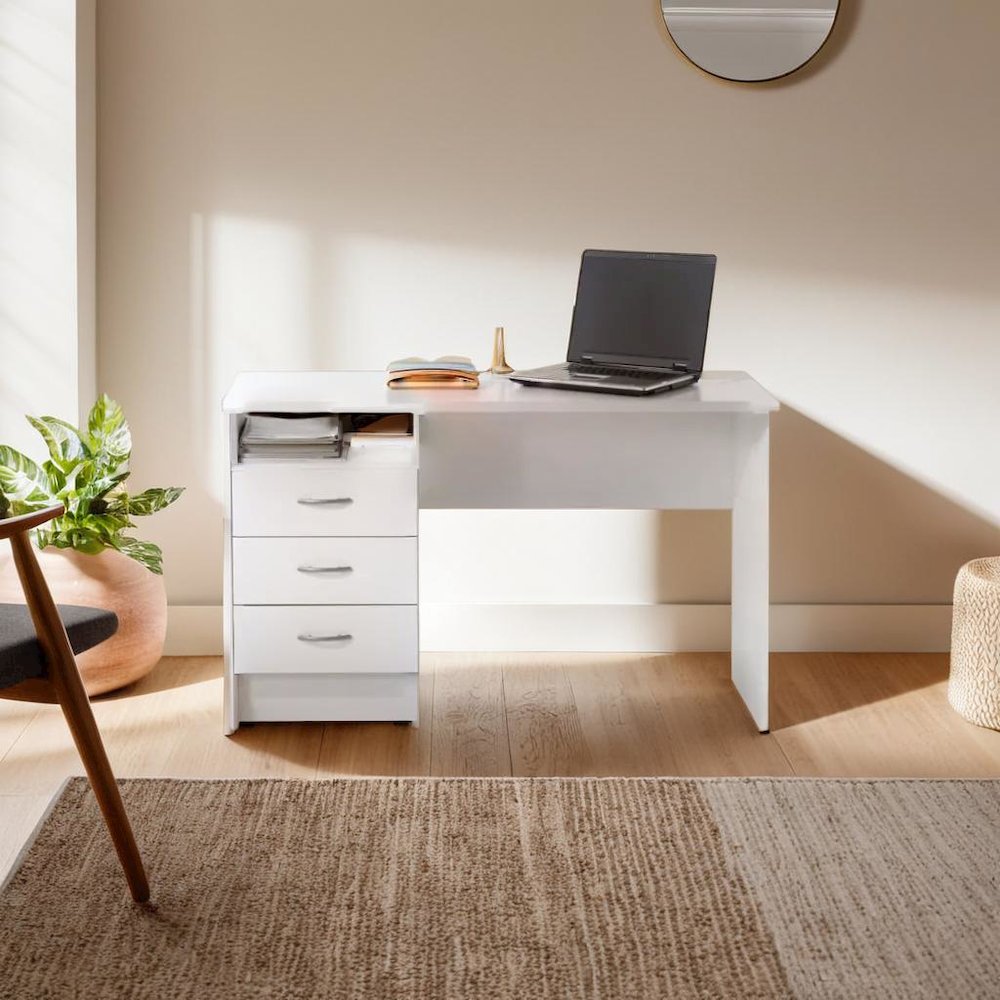 Sleek White Computer Desk with Three Drawers and Open Shelf for Storage