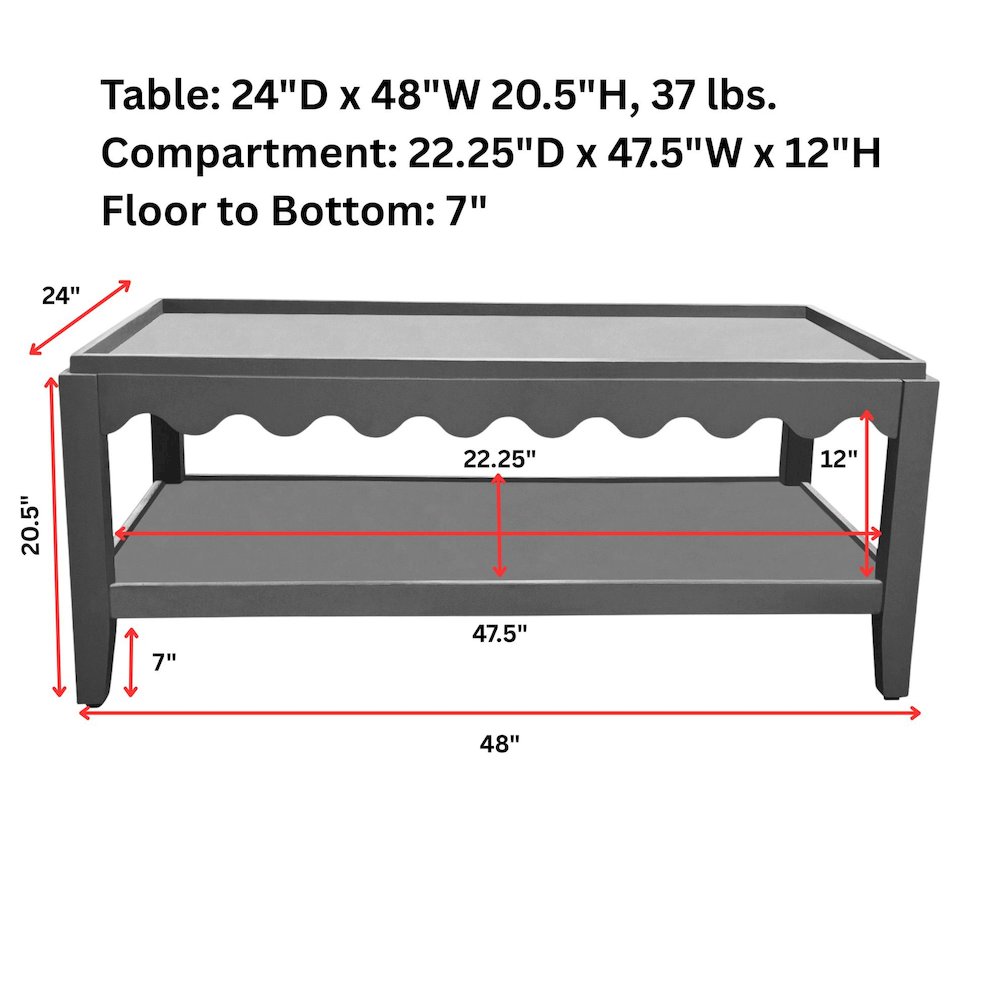 Scallop Coffee Table - Rectangular Mango Wood Side Table - Lower Shelf
