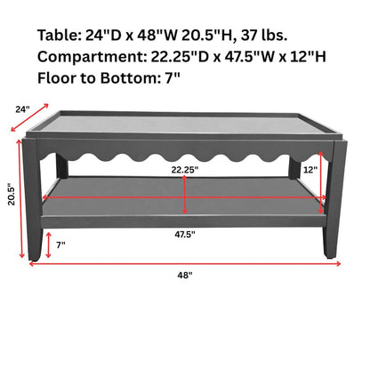 Scallop Coffee Table - Rectangular Mango Wood Side Table - Lower Shelf