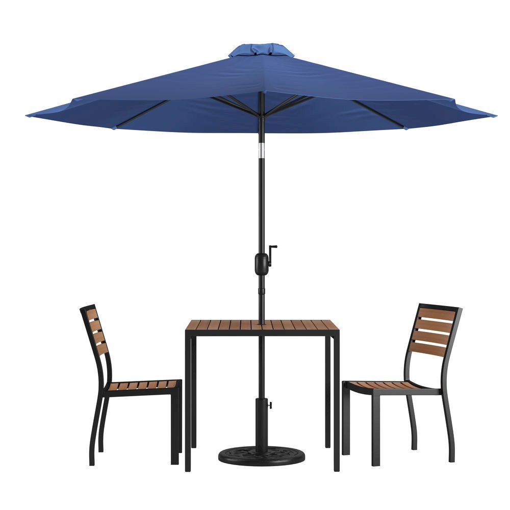 3 Piece Outdoor Patio Table Set - 35" Square Synthetic Teak Patio Table with Navy Umbrella and Base