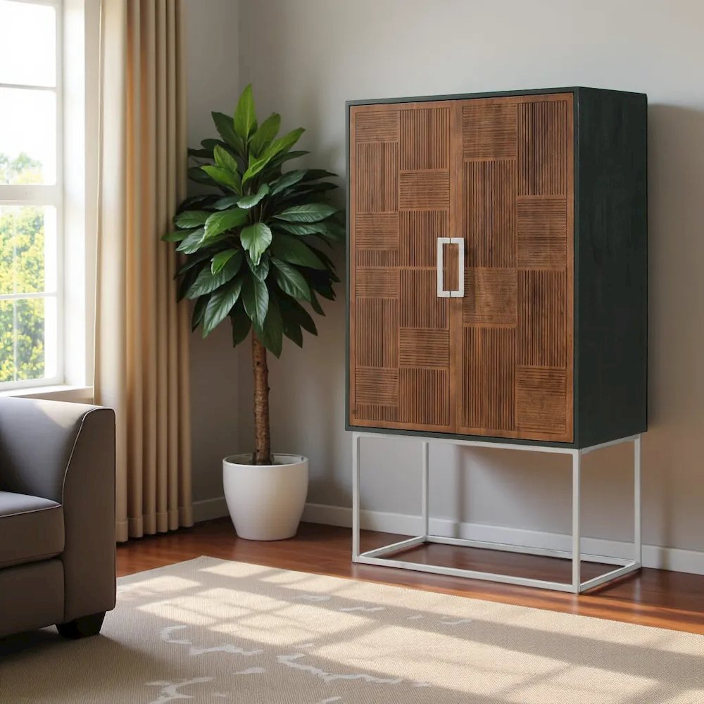 Wine Cabinet with Storage, Bar Cabinet, Mini Bar, Walnut & Black Design