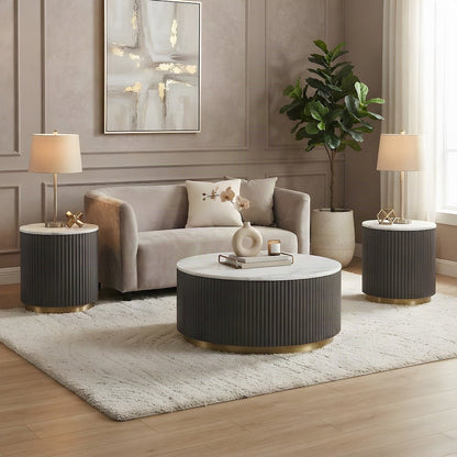 White 3-Piece Round Marble Coffee and End Table Set with Contemporary Style