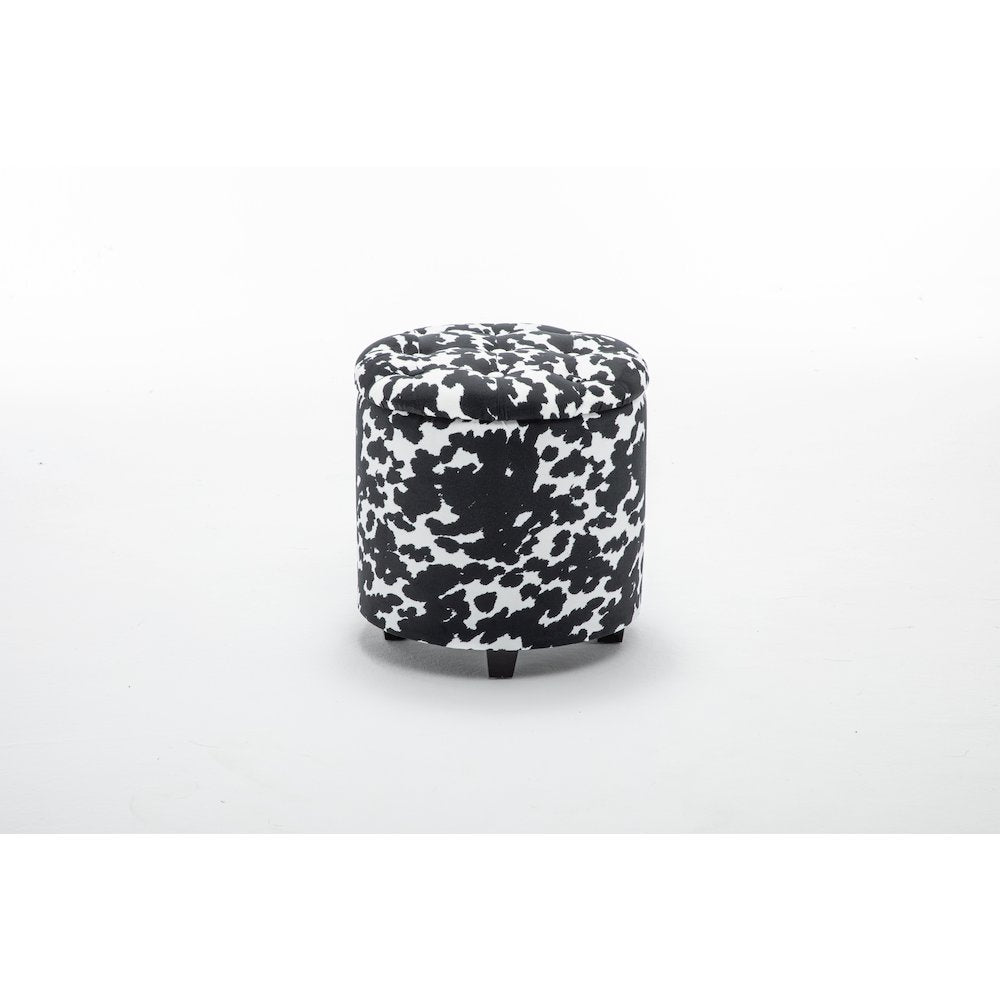 Round Black and White Sorage Cow Print Storage Ottoman Stool