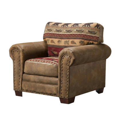 Cotton Microfiber Accent Armchair with Rustic Wooden Log Frame for Living Room