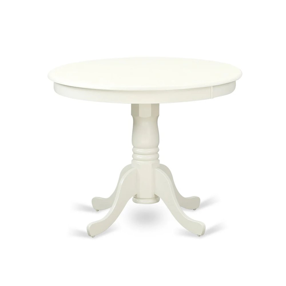5 Piece Dining Room Table Set Includes a Round Kitchen Table with Pedestal and 4 White Faux Leather Upholstered Parson Chairs, Linen White