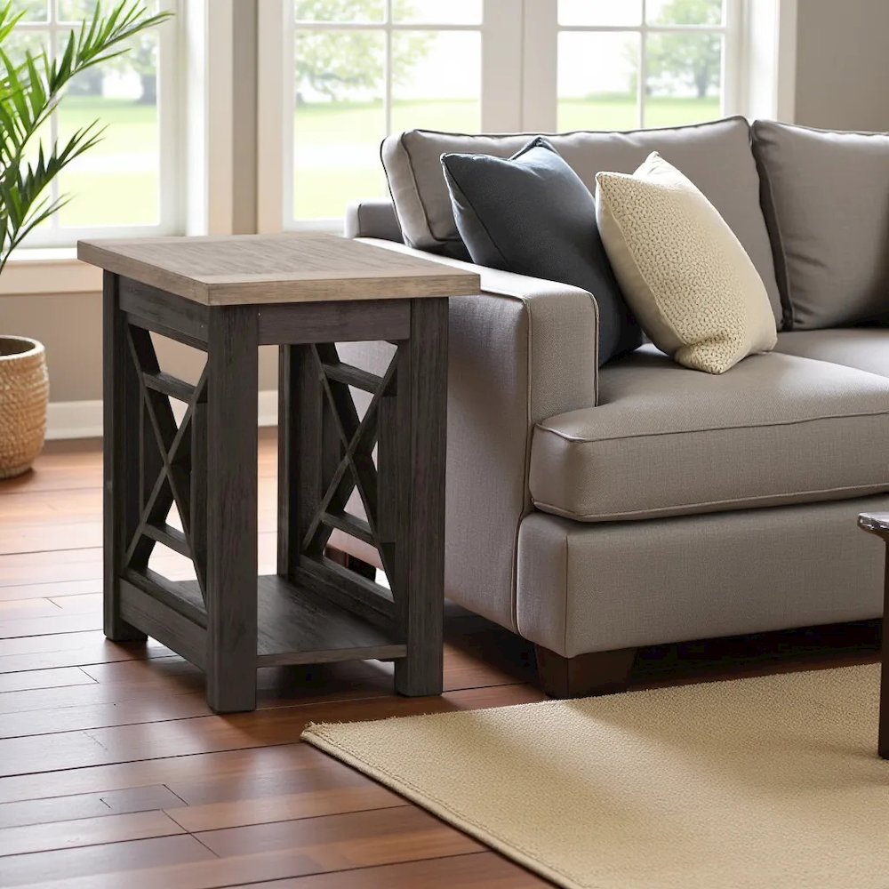 Black Side Table with Acacia Solid and Veneer, Small Sofa Table
